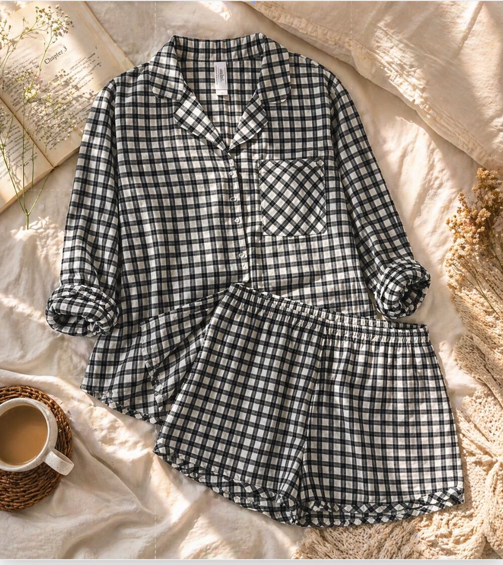 Auden Gingham Pajama Set Womens S Black White Sleepwear Button Top Shorts Lounge